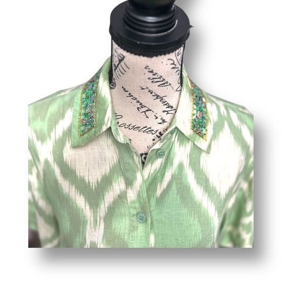 ZARA XS Green Cream Abstract Artsy Print Blouse Beaded Collar Boho Festival Y2K - Picture 5 of 11